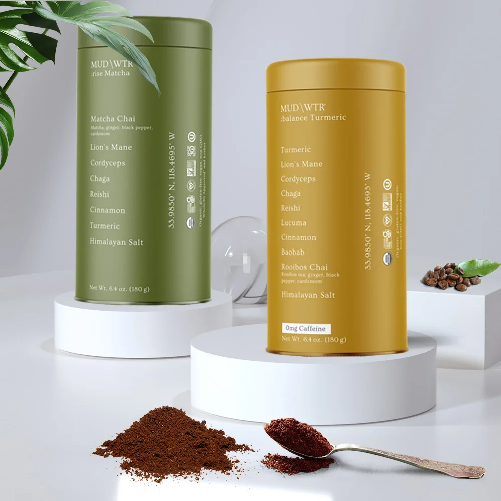 Mushroom coffee turmeric powder tin box packaging for supplements luxury tall chocolate cocao metal airtight tea tin can black