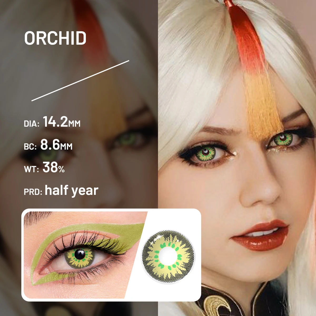 Lalens Wholesale Orchid Yellow Crazy Halloween Anime Cosplay Lens 14.2MM Prescription Soft Moist Color Contacts Lenses