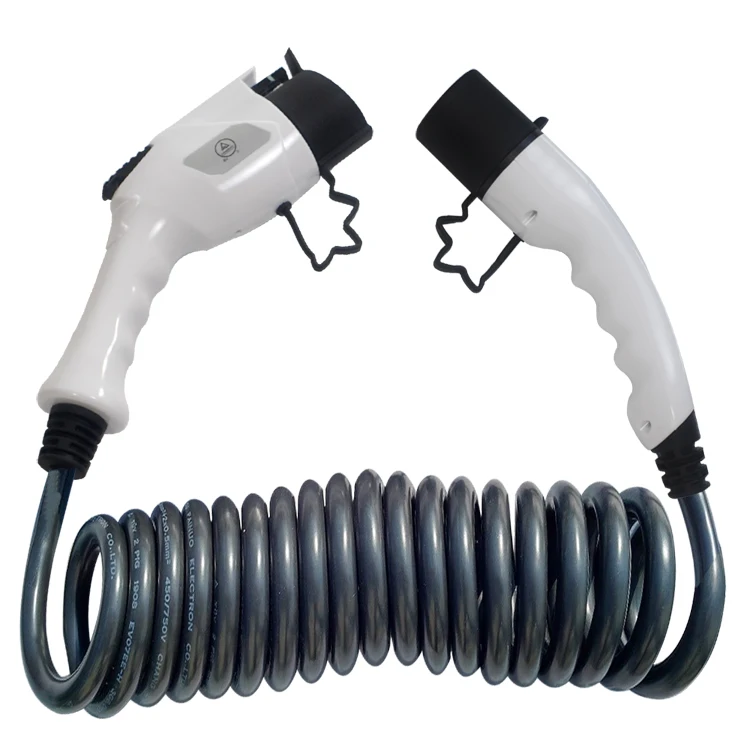 
High Quality Electric Car 16A Charging Spiral Cable Type 1 To Type 2 EV Plugs 