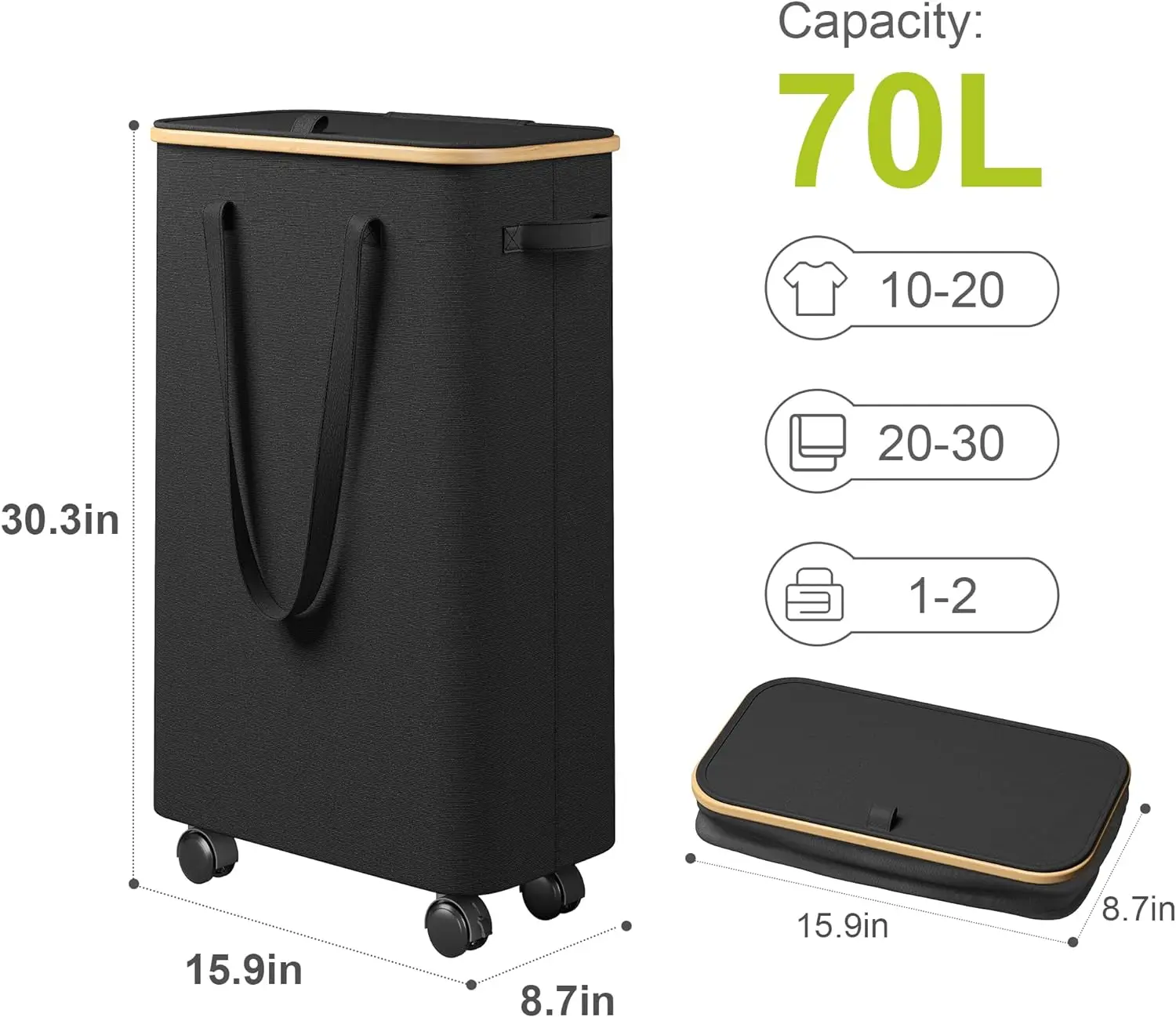 Black Bamboo Laundry Hamper for Clothes and Toys Large Capacity Laundry Hamper with Wheels Bamboo Laundry Basket