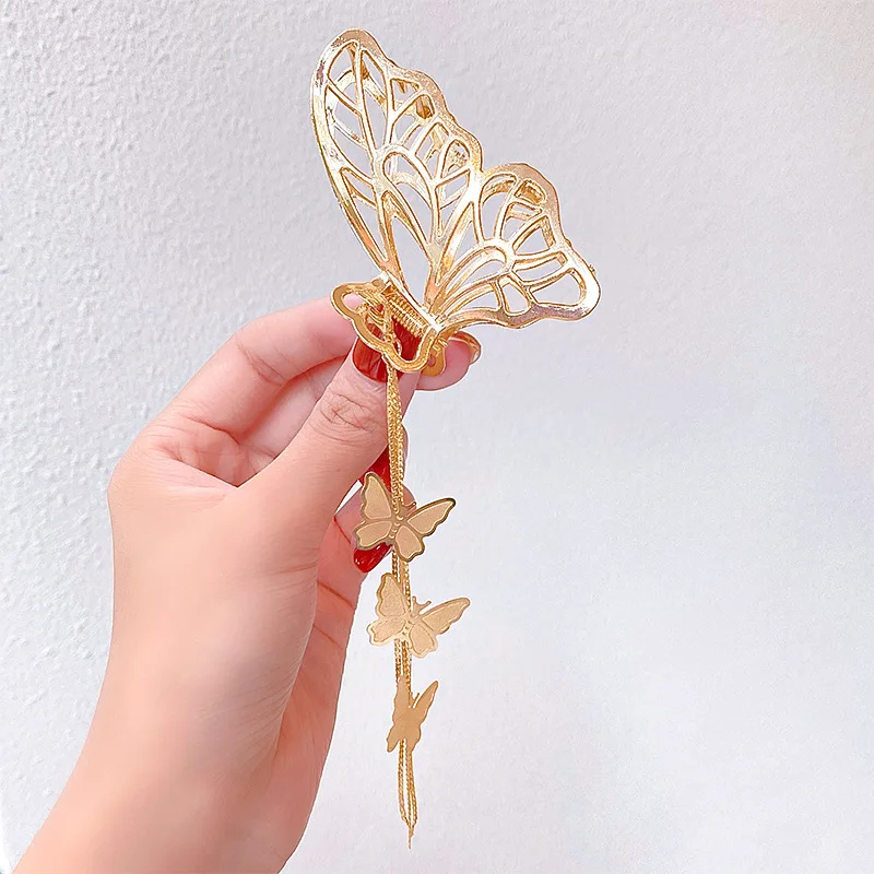 korean Girl Butterfly Pendant Tassel Hairpin Fashion Gold Plated Metal Butterfly Hair Claw Clip