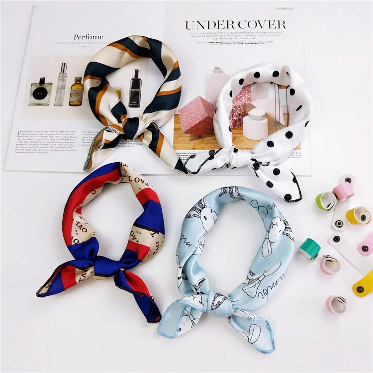 Gift Designer Silk Feeling Hair Wrapping Scarf Parents and children design Neck Satin Square Scarf with buckle