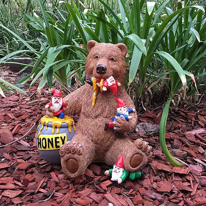 Miniature Bear and Gnomes with Honey - A Garden Gnome Statue for Your Fairy Garden