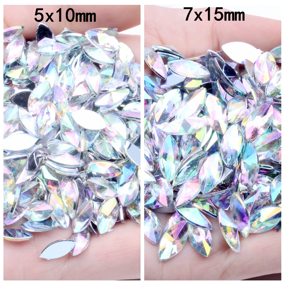 Acrylic charm Rhinestones Glue On 5x10mm 50pcs Flatback Pointed Horse Eye AB Colors For Nails, clothes, bags, shoes