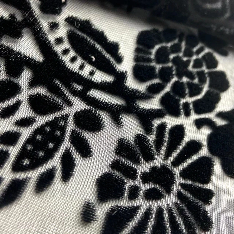 Классическое выгорание 80% вискоза 20% нейлон трикотаж черный цветок бархат выгорать сетчатая ткань для женского