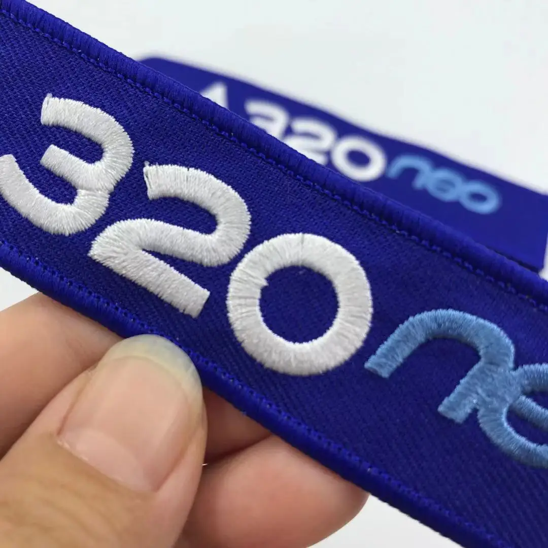 Oem Service Hot Sale Double Sides Label Airbus A320 Fabric Key Chain Embroidery Keychain Strap