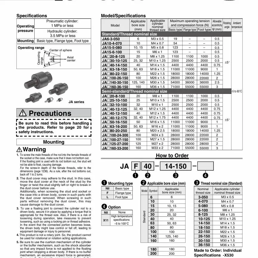 Standard hydraulic cylinder Pressure regulator SMC JA15-5-080 Floating joint pneumatic adjustment accuracy