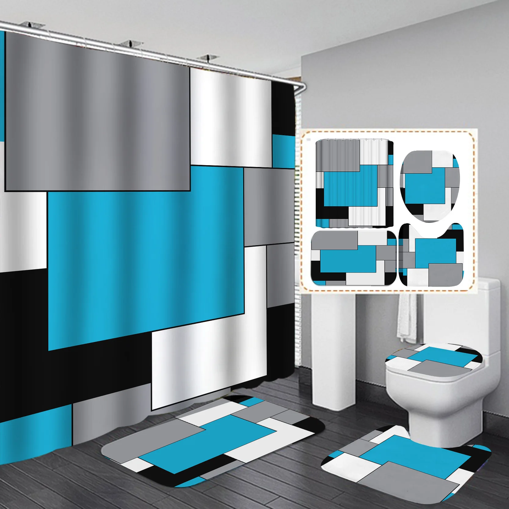 Custom Shower Curtains 4pcs Set, Bath Rug Set with Non-Slip Rugs Luxury Hotel Bathroom Shower Curtain
