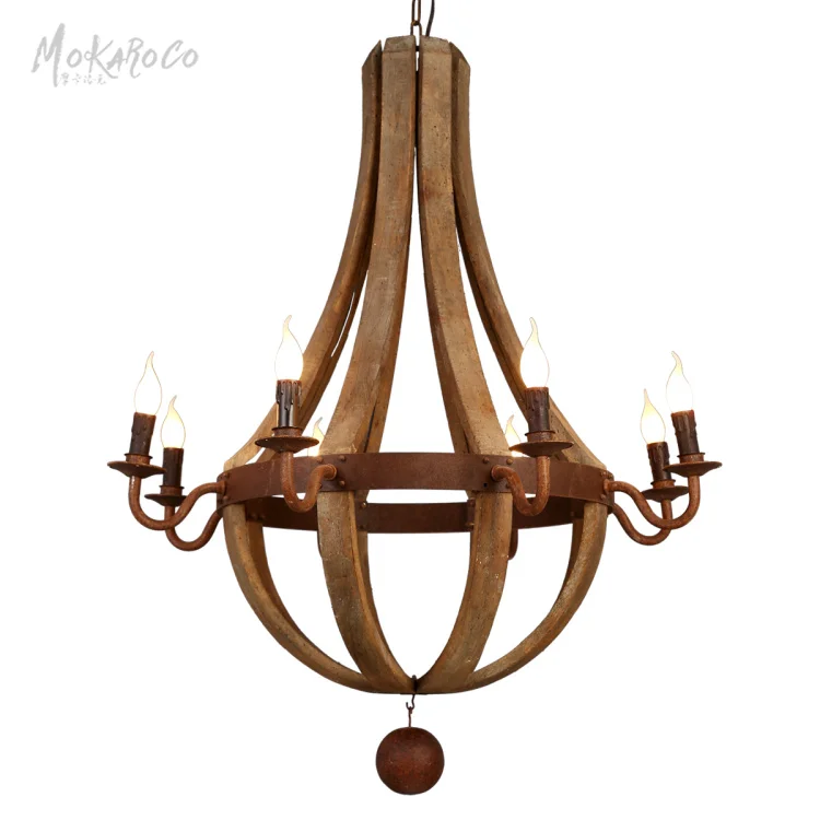 
American country vintage luxury villa penthouse living room solid wood chandelier do old personalized wine barrel oak chandelier 
