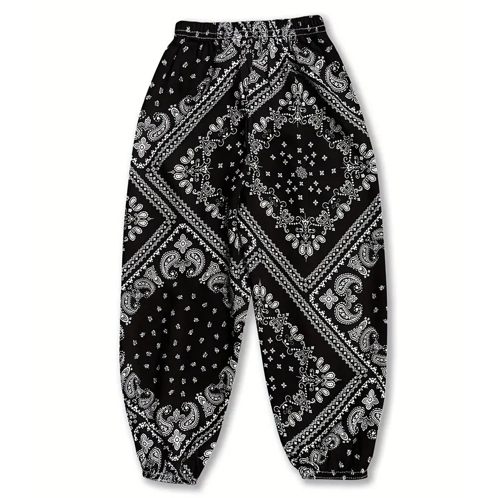 Customizable Summer Mosquito Pants for Girls Fine Flower Print in Black White Tropical Holiday Style Bell Bottom Pattern Camping