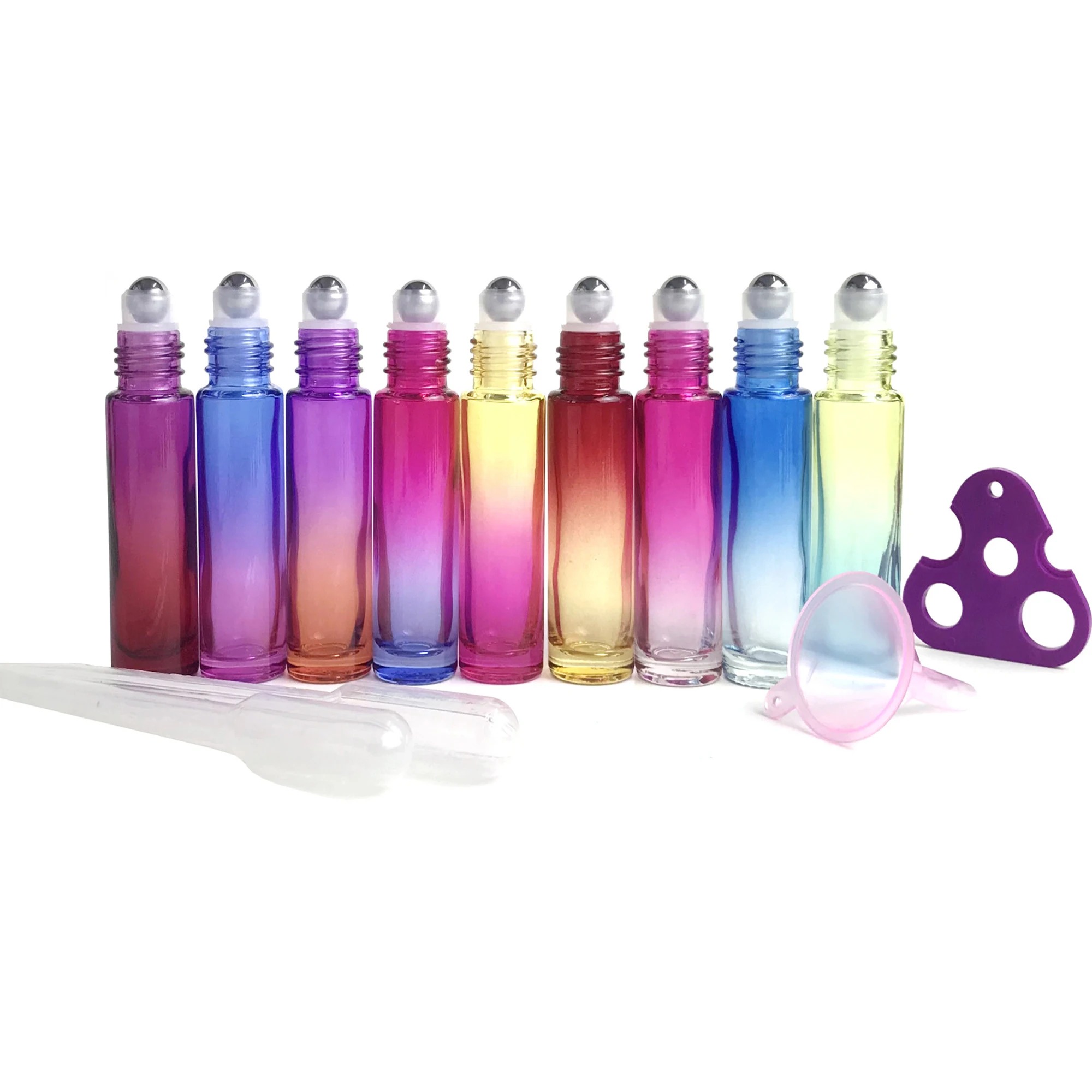 Lanjing 5ml Gradient Colour Glass Essential Oil Roller Bottles Stainless Steel Ball 10ml Roll-On Metallic Style PP Cap Perfume
