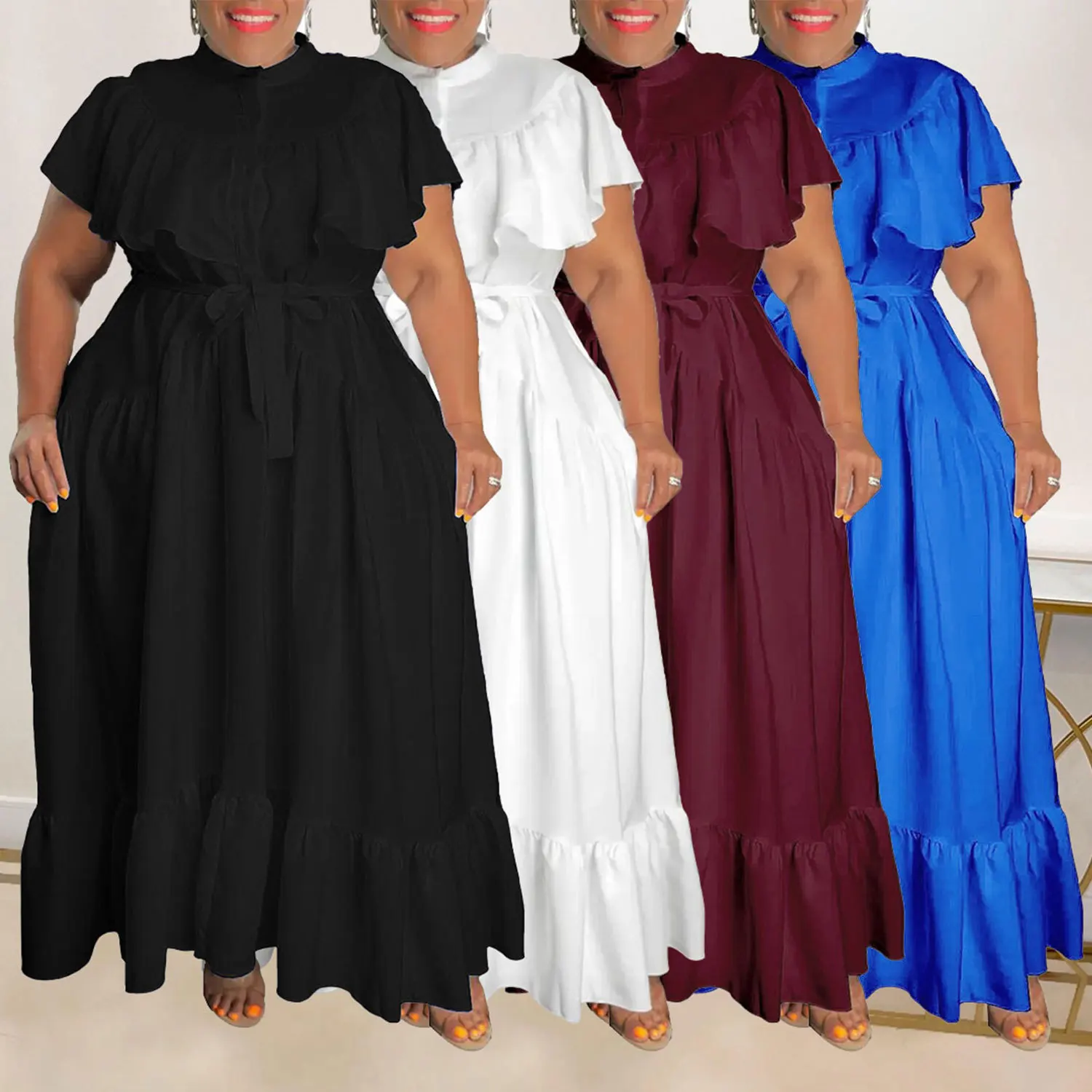 Plus Size Dress Sexy Buttons Sash Ruffles Short Sleeves Solid Women Casual Dresses A Line Party