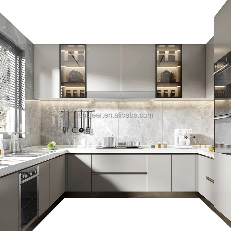 Unit Custom Fitted High Pressure Wooden Glossy Finish Home  Whole Set White Shaker Kitchen Cabinets For American Market