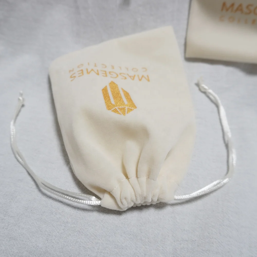 Custom  gold Logo slide White Beige Watch packaging bags Perfume Velvet Jewelry Drawstring Pouch Bag