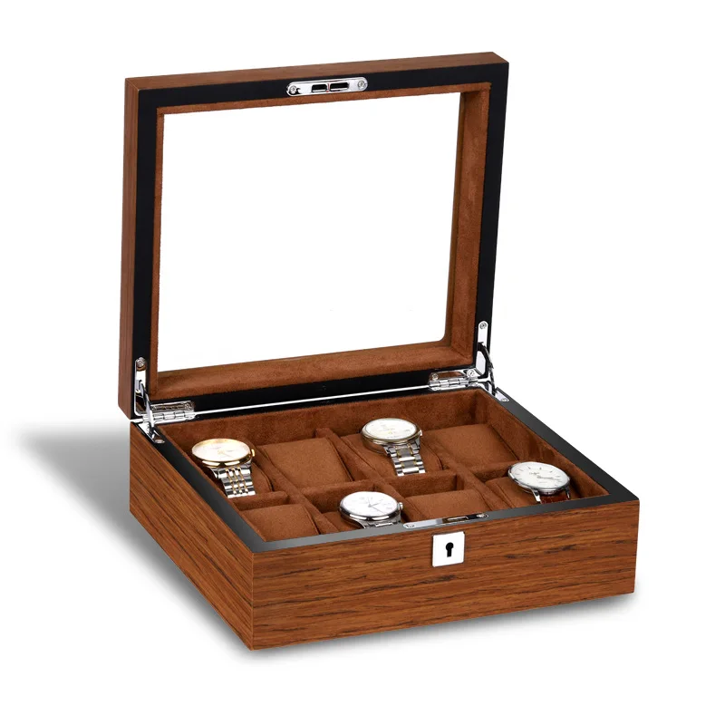 Luxurious 12 slots watch boxes & cases with stainless steel lock flexible suede pillow wood pattern finished glass top display