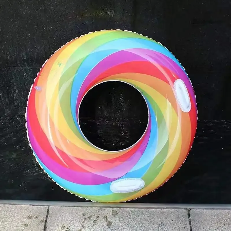 JIURAN Design Pvc Children And Adults Size Colorful Rainbow Inflatable Pool Floaters With Handle Swimming Ring