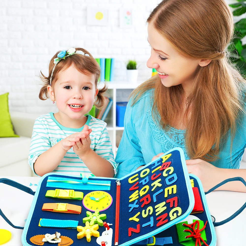 Toddler Busy Board Montessori Learning Sensory Early Educational Toy for Develop Basic Skill, Dressing,Counting,Spelling Words