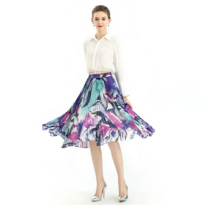 S076A custom low moq odm oem Fall High Quality Fashion New Print Chiffon Sunray Pleat Casual Skirt factory for Girl Women