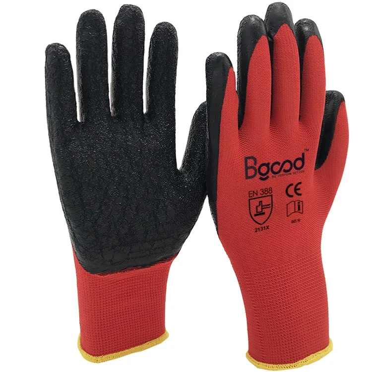 worker hand latex coating protection anti slip industrial safety 13G polyester shell wrinkle latex coated gloves for work men