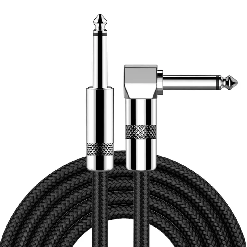 Wholesale black braided 6.35mm 1/4 inch angle-to-straight electric guitar cable, 10ft 30ft low noise guitar cable
