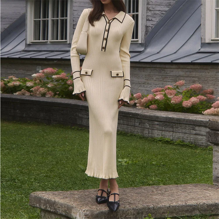 Ruffle Edge Knitted Dress 2024 New European and American Autumn/Winter Woolen Dress Flip Collar Tight Mid length