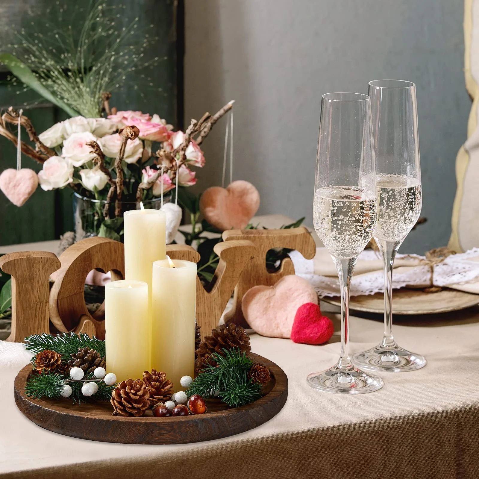 Christmas coffee table candles 2 Pack Round Wooden Tray Rustic Candle Holder Tray Brown Wood Serving Tray