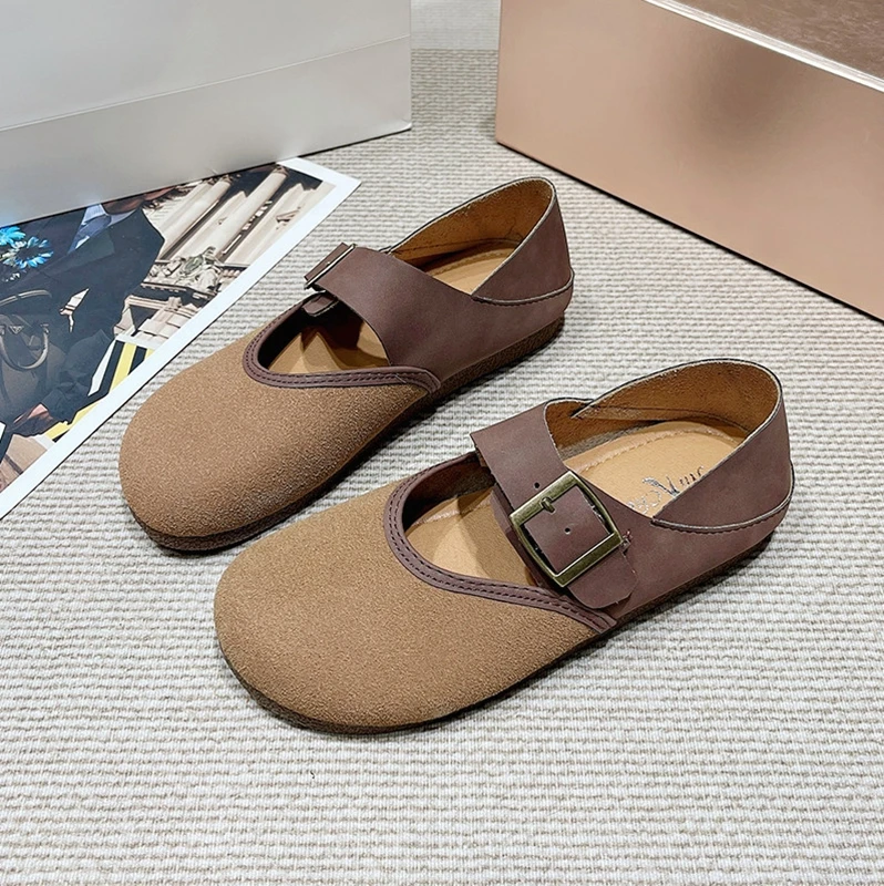 Hot Selling Girls Round Toe Soft Sole Mary Jane Shoes Women Color Blocking Flat Loafer Shoes With Buckle
