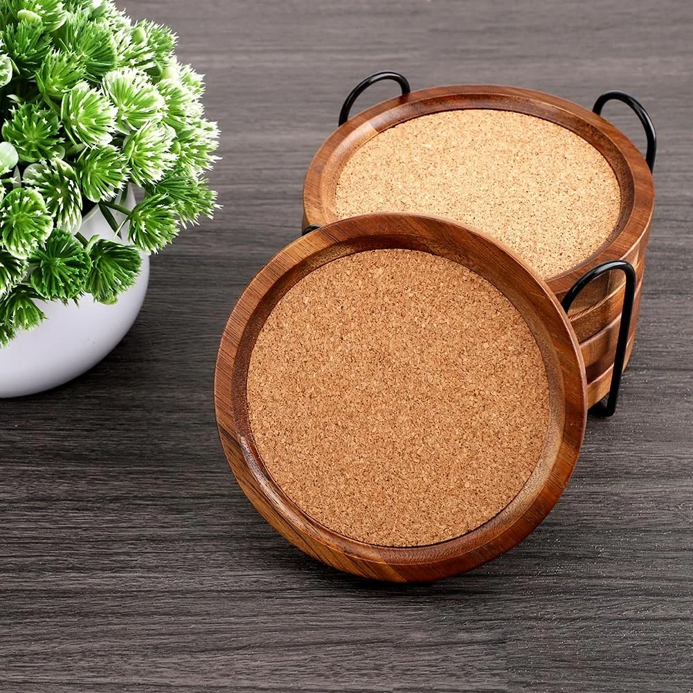 Luxury bar tools acacia wood coaster round wooden beer cup drink coaster kitchen wood cork coaster with holder stand rack