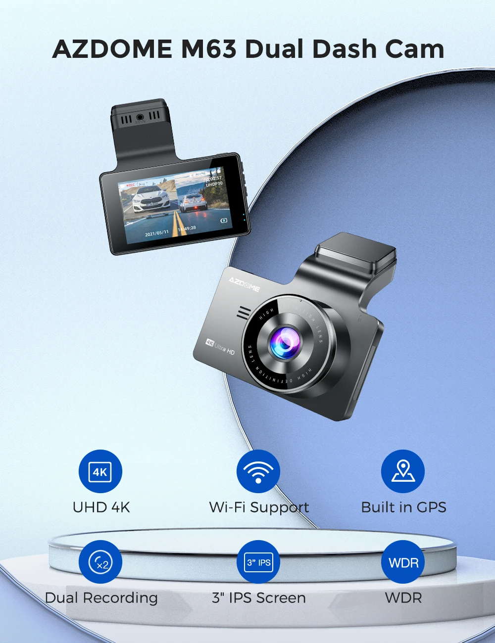 AZDOME Dash Cam фронтальная и задняя 4K 1080P с WiFi GPS широкоугольный объектив ночного видения WDR 3 дюймовый IPS экран IMX415 Автомобильный