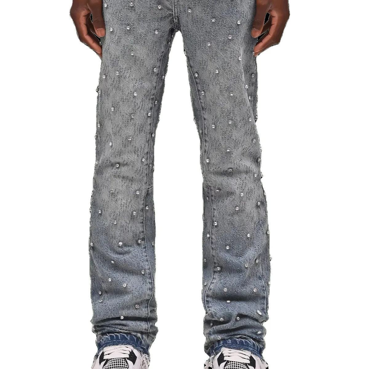 Wholesale high quality   customized rhinestone flared denim  light  stone  vintage inspired denim bell bottom zipper fly jeans