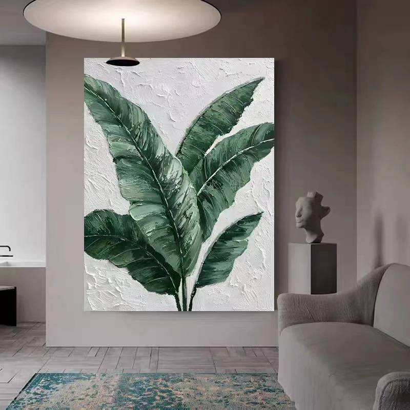 Pure hand-painted Minimalist Modern Tropical Plants Leaves Canvas Painting Wall Picture for Wall Decor