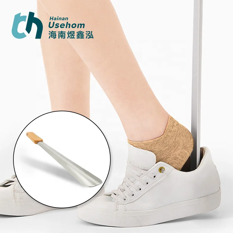 2024 NEW Customized Long Handle Stainless Steel Shoe Horn with Wooden Handle for Boot ,15 Inches