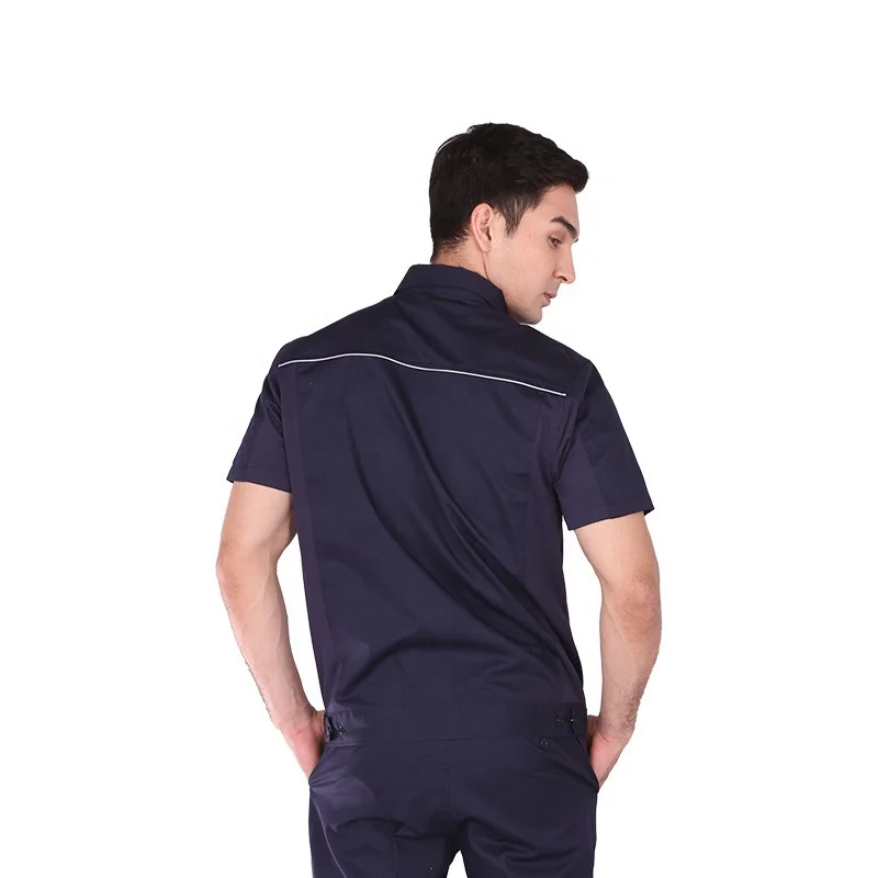 Summer Durable Breathable Labor Work Wear Button Up Short Sleeve Turn Over Collar Grey White Polo Shirt Jacket Cargo Pant Set