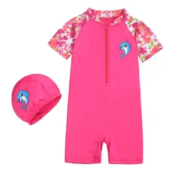 Market Union wholesale toddler swimsuit with hat cartoon print girls boys bathing suit short sleeve kids swimwear with hat