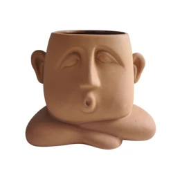 Creative terracotta ceramic human face brown flower pot for indoor home garden decoration
