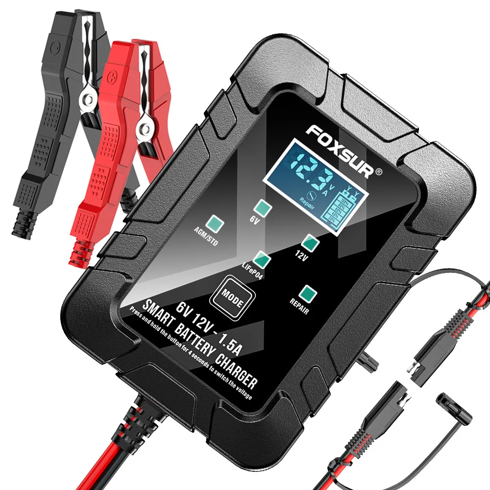 Зарядное устройство для аккумулятора мотоцикла FOXSUR 1.5A 12V 6V свинцово-кислотного литиевого железа