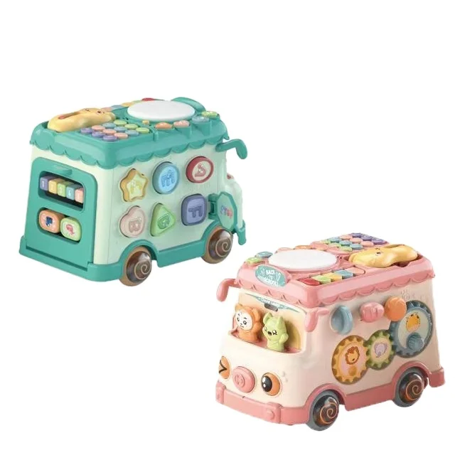 Konig Kids Multi functional  Cute Pink And Green Activity Musical Bus Toy For Baby Early Educational Early Learning Toys
