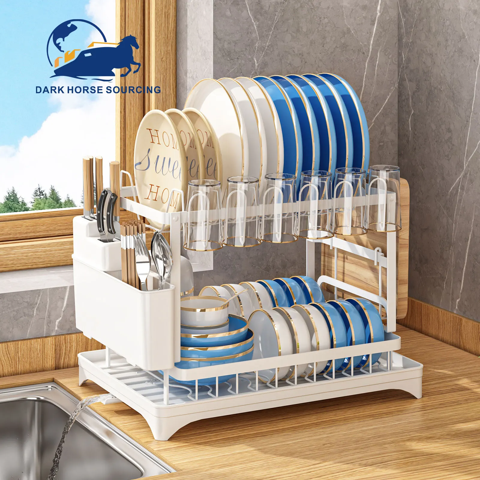 Household kitchen use Multifunction carbon steel Detachable 2 Tier Dish Drying drain Rack Water cup Storage Holder