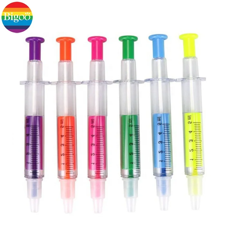 Popular 2 in 1 creative needle syringe highlighter with ball point pen assorted 6 colors for office, school and promotion gift