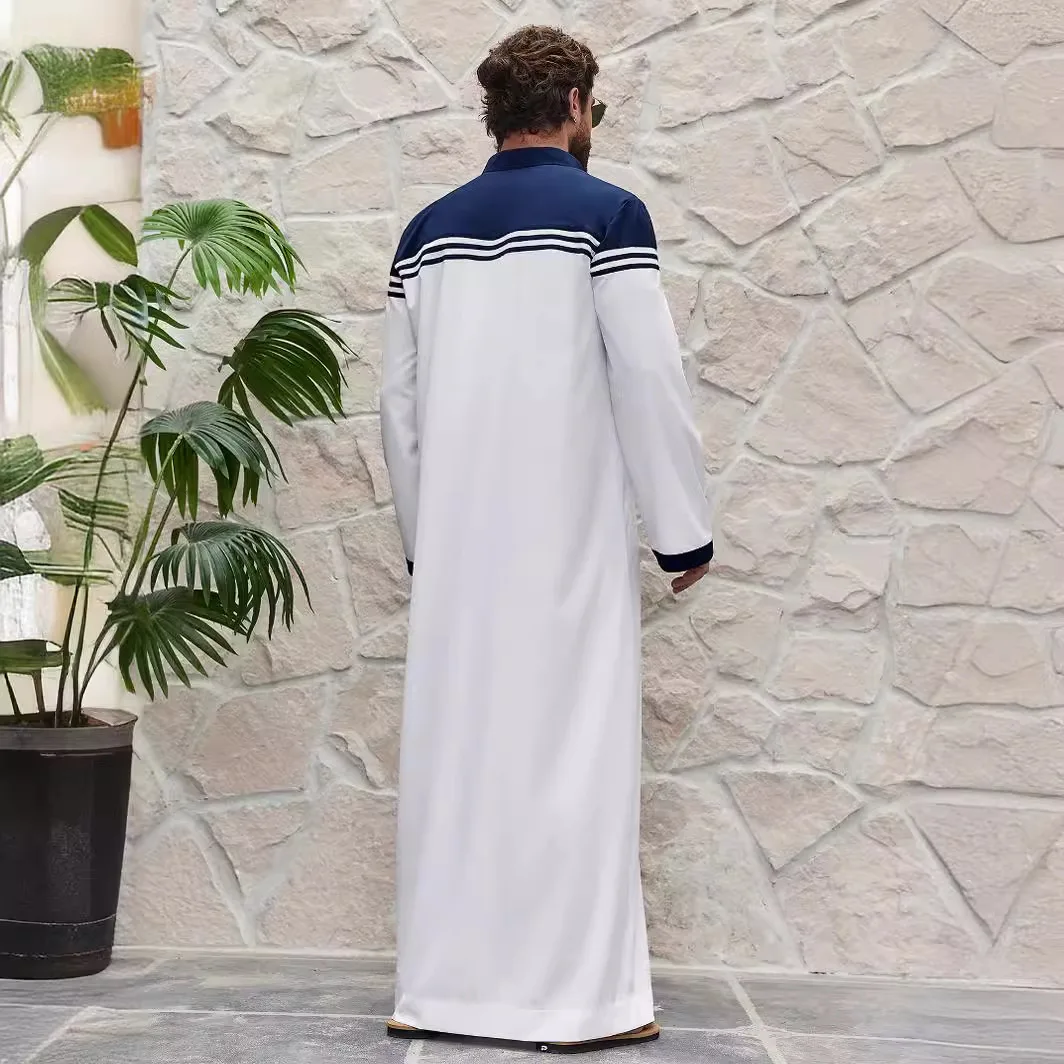 Middle east dubai turkish muslim preppy style men contrast color patch work shirt robe thobe