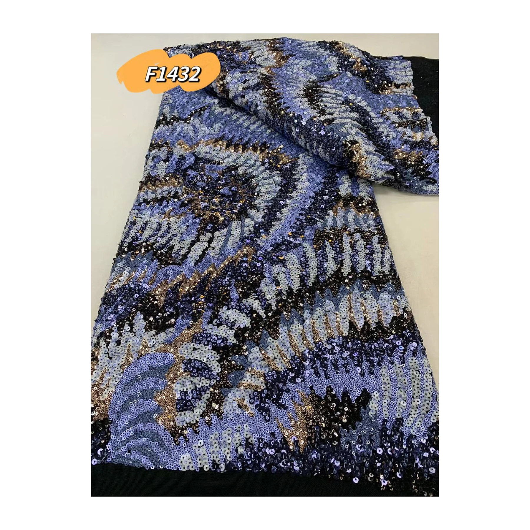 Luxury sequins lace 2024 handmade blue embroidered sequence and beads african bridal heavy hand beaded pearls embroidery fabric