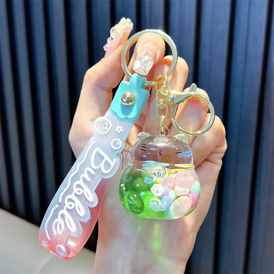 Cute Rubber Keychain Acrylic Liquid Filled Keychain Floating Anime Keychain Quicksand Bottle Key chain Bag Accessories