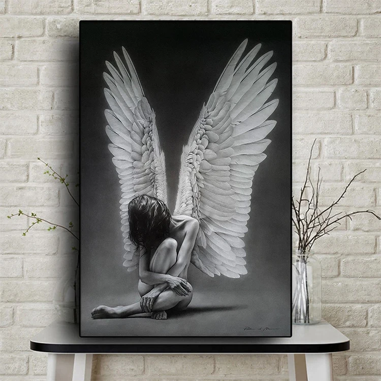 Home Decor Sexy Naked Angel Girl Canvas Painting Black White Figure Posters and Prints Wall Art Picture Canvas Painting