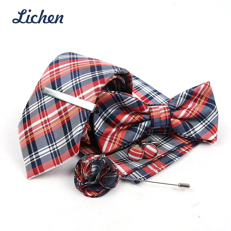 Hi-Tie Classic Mens Polyester Ties Set 6 PCS Necktie Pocket Square Cufflinks Clip Pin Solid Strip Paisley Tie
