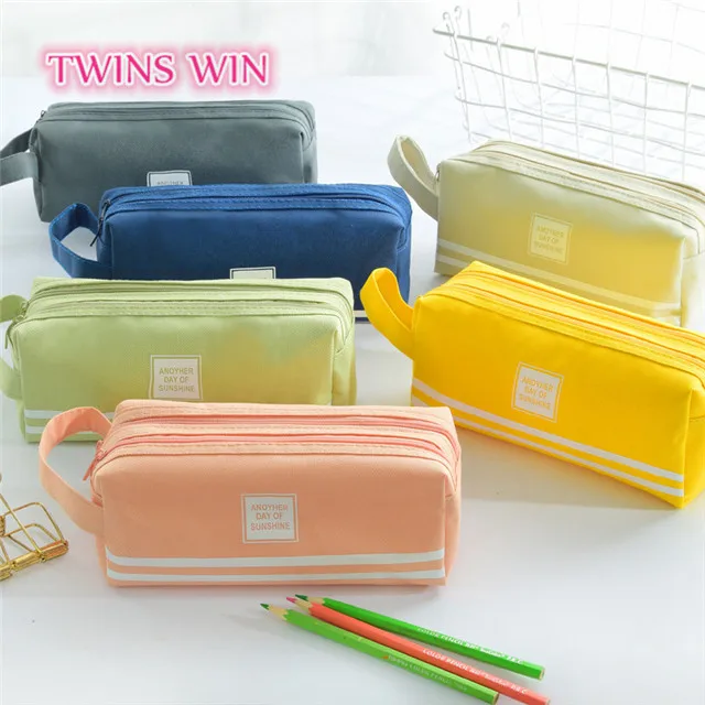 Boy Girls Canvas Large Capacity Double Layer Pencil Case Simple Zipper Pencil Case 1302