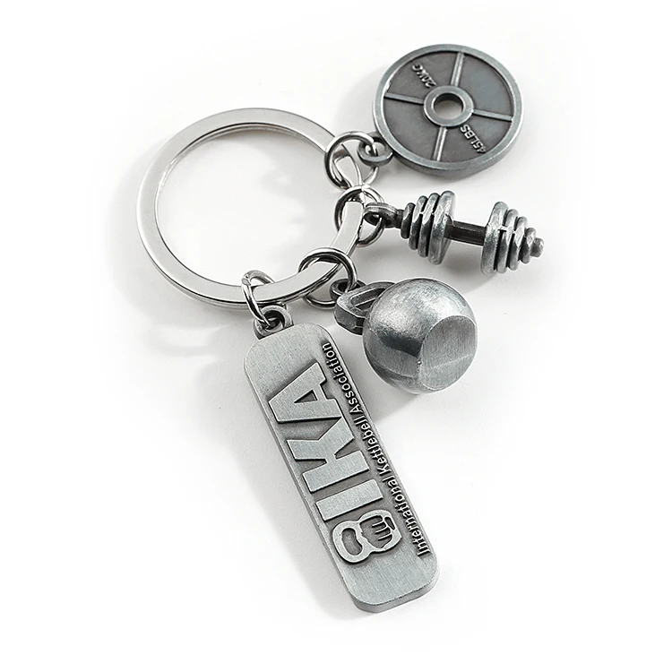 In Stock Antique Silver Charm Keyring Equipment Sport Barbell Gym Fitness Keychain Keyring For Brand Promotion