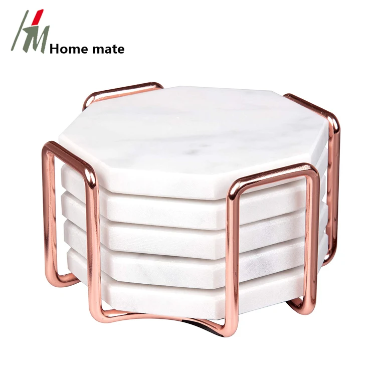 Nautral White Stone Marble Style Absorbent Coaster Sets Drink Coasters with Holder