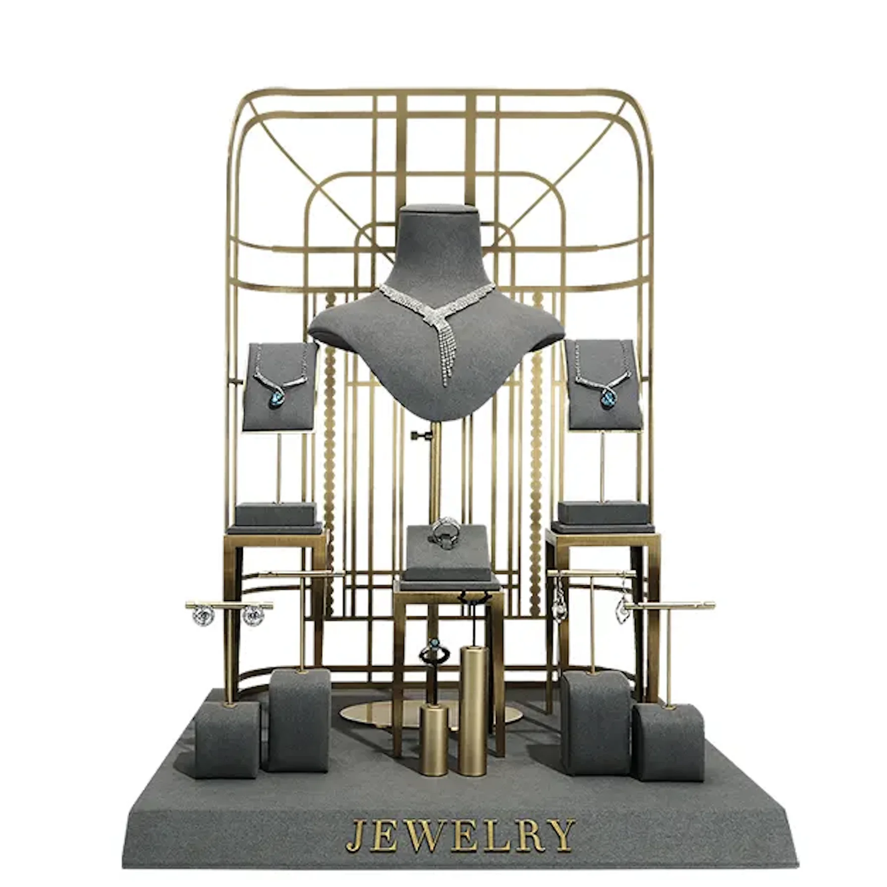 VANLOCY Modern Grey Microfiber PU Jewelry Display Stand Set Includes Earring Ring and Necklace Window Props ODM Supply Type