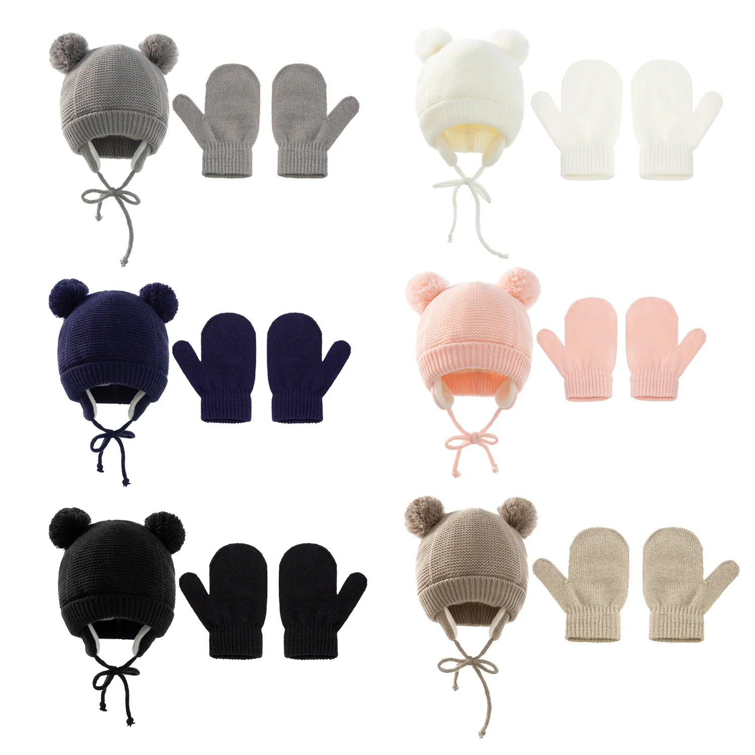 New Arrival Boy Girl Bear Earflap Skull Beanie Mittens Set winter ear protection fashion boy fleece-lined beanies hat and mitten