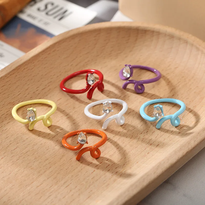 2021 Colorful Crystal Snake Finger Clay Ring Drop Oil Rainbow Enamel Ring Tiktok Popular Twisted Ring